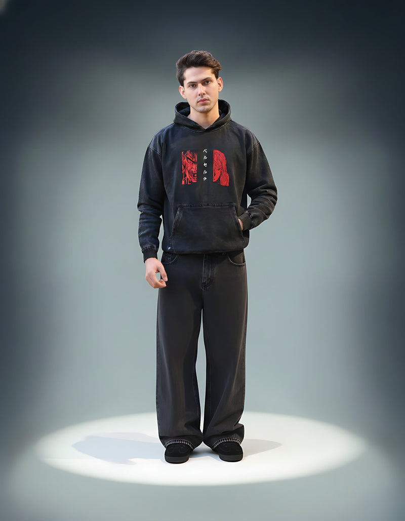 Berserk Embroidered Denim Hoodie - Acid Wash Streetwear
